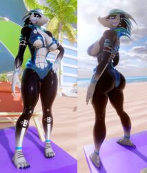 2023 3d alilkira anthro beach big_ass bikini blue_eyes bubble_butt dat_ass female fur furry green_hair guidugalle guimontag outdoors scalie solo_female split_screen sunlight warfare_machine