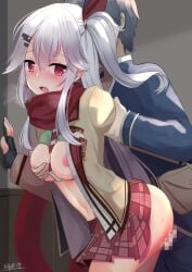 1boy ass between_breasts black_gloves black_hair black_ribbon blush breasts censored clothed_sex commentary_request commission cowboy_shot female fingerless_gloves gloves grabbing_another's_arm grabbing_another's_breast grabbing_from_behind grey_hair groping hair_between_eyes hair_ornament hair_ribbon hairclip hanasaki_work_spring hand_on_wall heavy_breathing jacket long_hair long_scarf long_sleeves medium_breasts miniskirt mosaic_censoring navel necktie necktie_between_breasts nipples one_side_up open_clothes open_jacket open_mouth parallel_hairclips plaid_clothes plaid_skirt pleated_skirt red_eyes red_ribbon red_scarf red_skirt ribbon scarf school_uniform sex sex_from_behind shiranui_inori short_hair sidelocks signature skeb_commission skirt solo_focus stomach straight striped_clothes striped_necktie sweat very_long_hair yellow_jacket yukidaruma718