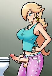 ai_generated balls bathroom big_breasts breasts clothed curvy_figure erection futanari hair_over_one_eye horny intersex looking_at_viewer mario_(series) masturbation nintendo pajama_pants pajama_shirt pajamas penis penis_out princess_rosalina solo standing tank_top testicles toilet wide_hips