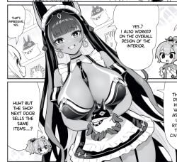 +_+ 3girls alternate_costume animal_ears apron azur_lane bare_shoulders between_breasts blunt_bangs blush breasts cg chibi cleavage cleopatra_(azur_lane) comic crown dark-skinned_female dark_skin dress earrings english_text fake_animal_ears female frills garter_straps gloves greyscale hair_ribbon holding hoop_earrings huge_breasts jewelry large_breasts long_hair looking_at_viewer maid maid_headdress mini_crown monochrome multiple_girls necktie necktie_between_breasts open_mouth ponytail smile speech_bubble twintails very_long_hair