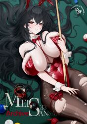 alternate_costume animal_ears azur_lane bare_shoulders black_hair black_pantyhose blush bow bowtie breasts brown_pantyhose cg cleavage crossed_bangs cup detached_collar fake_animal_ears female hair_between_eyes hair_spread_out high_heels huge_breasts leotard long_hair looking_at_viewer lying on_back pantyhose parted_lips playboy_bunny rabbit_ears red_bow red_eyes red_footwear red_leotard red_nails solo strapless strapless_leotard table taihou_(azur_lane) taihou_(fun_on_the_baize)_(azur_lane) thighs torn_clothes torn_pantyhose very_long_hair wrist_cuffs