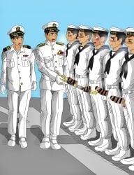 7boys authority_abuse badge balls_out battleship big_penis black_hair blue_background blush blushing_profusely brown_eyes brown_hair censor_bar censored censored_penis closed_eyes comparing comparing_penis crying crying_with_eyes_open dark_penis erection forced forced_exposure foreskin foreskin_folds full_body gay gloves grey_eyes group hi_res holding_object holding_weapon imokuma japan_maritime_self-defense_force katana long_foreskin looking_away male male_only mature_male military military_hat military_uniform morning navy navy_uniform neckerchief original original_character outdoors penis_out pointless_censoring retracted_foreskin sailor_collar sailor_hat sailor_uniform scolding sheath short_hair simple_background standing steam steamy_breath sweat sweatdrop tearing_up tears thick_penis uncircumcised uncut unretracted_foreskin unzipped unzipped_pants veiny_penis white_clothing wide_eyed yaoi