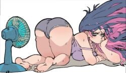 1girls 2025 all_fours annoyed arched_back arm_support ass ass_up back_view barefoot big_ass big_breasts blue_eyes blue_hair breast_rest breasts busty calves clothed clothed_female clothing curvaceous curvy electric_fan feet female fully_clothed hair half-closed_eyes head_on_hand heat_(temperature) human kneeling large_ass large_breasts legs_together light-skinned_female light_skin long_hair looking_back multicolored_hair narrowed_eyes pantsu_ripper panty_&_stocking_with_garterbelt pink_hair purple_hair shorts side_view simple_background soles solo stocking_anarchy sweat sweatdrop sweating sweaty sweaty_body sweaty_thighs tank_top thick_thighs thighs toes two-tone_hair white_background wide_hips wind windswept_hair