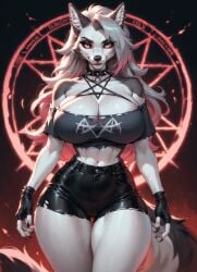 ai_generated anthro anthro_female athletic breasts cleavage curvy_female curvy_hips female front_view furry furry_female goth_clothing hellhound helluva_boss high_quality highres huge_breasts looking_at_viewer loona_(helluva_boss) moonchild41 promptchan.ai red_sclera tail thick_thighs white_eyes white_fur