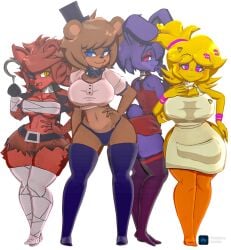 3d 4girls animatronic apron bear bear_girl belly belly_button big_breasts black_eyes black_thighhighs black_thong blue_eyes bonfie bonfie_(cryptia) brown_body brown_fur brown_hair bunny_ears bunny_girl cally3d chicken_girl chiku chiku_(cryptia) cryptiacurves curvy curvy_female exposed_shoulders fap_nights_at_frenni's female_focus female_only fexa fexa_(cally3d) fexa_(cryptia) five_nights_at_freddy's fox fox_girl fredina fredina's_nightclub fredina_(cally3d) frenni_(cryptia) frenni_fazclaire furry hat legwear orange_thighhighs pink_eyes pirate_outfit rabbit_girl red_body red_clothing red_fur red_hair robot_girl simple_background suggestive suggestive_pose thick_thighs thighhighs thong voluptuous_female white_apron white_shirt white_thighhighs white_topwear yellow_body yellow_eyes yellow_fur