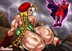 1boy 1girls ass aura blonde_hair bodypaint breasts cammy_white cape defeated female floating hat huge_ass huge_breasts human long_hair looking_up m_bison male motion_blur muscles muscular muscular_female no_pupils peaked_cap r0771 renshirou renzaburo0771 street_fighter thick_thighs very_long_hair