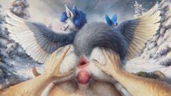 ambiguous_feral ambiguous_gender animal_genitalia anthro anthro_on_anthro anthro_penetrated anthro_penetrating anthro_penetrating_anthro anthro_pov anus ass avian blue_hair blue_wings butt_grab canid canine day feathered_wings feathers female female_anthro female_penetrated feral first_person_view fox fur gaping gaping_anus genitals grey_body grey_fur grey_tail grey_wings group hair hand_on_butt hi_res looking_at_viewer looking_back looking_back_at_viewer lostgoose male male/female male_penetrating male_penetrating_female male_pov mammal open_mouth open_smile outside penetration penile penile_penetration penis penis_in_vagina plant raised_tail rear_view red_anus red_penis sex sheath short_hair sky smile snow snowing solo_focus tail tan_body tan_fur tan_sheath tree trio vaginal_penetration vaginal_penetration white_body white_fur white_wings wings yellow_eyes