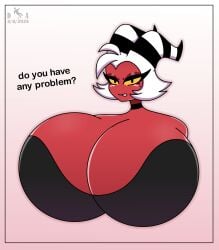 2025 big_breasts breasts_bigger_than_head demon demon_girl dropedartist enormous_breasts female female_only helluva_boss horn huge_breasts looking_at_viewer moxxie_(helluva_boss) rule_63 self_upload text upset