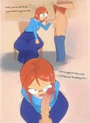 1boy 1girls 2025 akrscoi blue_dress blush breasts clothed clothed_sex cum cum_on_face dot_eyes english_text eyewear fellatio female glasses heart-shaped_pupils holding_penis kindergarten_(game) kindergarten_3 light-skinned_female light_skin long_hair looking_at_viewer male ms._lovelett penis pov rhyming sitting smile sweat teacher text thick_thighs thighs veiny_penis wide_hips