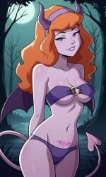 ai_generated ass bigmic145 bikini breasts cartoon_network cleavage colored_skin daphne_blake daphne_blake_(mystery_incorporated) demon demon_girl demon_horns demon_tail demon_wings femal female o-ring o-ring_bikini pubic_tattoo purple_skin red_hair scooby-doo scooby-doo!_mystery_incorporated succubus succubus_horns succubus_tail succubus_wings tattoo tease teasing underboob