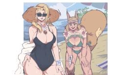 2girls 7_passes animal_ears big_breasts bikini black_swimsuit blonde_female blonde_hair blue_lips blue_lipstick breasts cleavage curvy curvy_female curvy_figure doreen_green emma_frost emma_frost_(marvel_rivals) eyes female female_only green_bikini green_bikini_bottom green_bikini_top green_eyes green_swimsuit hand_on_hip hips large_breasts light-skinned_female long_hair marvel marvel_rivals mutant mutant_(marvel) one-piece_swimsuit smile squirrel_girl_(marvel) squirrel_girl_(marvel_rivals) squirrel_girl_(sunshine_squirrel) squirrel_tail sunglasses swimsuit swimsuits tagme thick_ass thick_legs thick_thighs wide_hips x-men