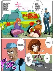 1boy 2girls 4koma big_breasts breasts captain_tai daphne_blake dark-skinned_male english_text female glasses large_breasts long_hair long_sleeves male mystery_machine orange_sweater orange_turtleneck pink_tights police red_hair red_skirt scooby-doo short_hair skirt smoking smoking_weed speech_bubble squatting sweater text text_bubble thick_thighs turtleneck turtleneck_sweater velma_dinkley weed zstorys22