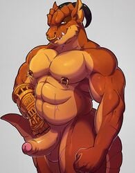 2017 abs anthro balls belly biceps ear_piercing erection facial_piercing hi_res humanoid_penis knuxlight looking_at_viewer male male_only manly musclegut muscular muscular_male nipple_piercing nipples nose_piercing nude pecs penis piercing reptile scalie scar simple_background slightly_chubby smile solo standing thick_penis