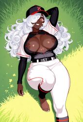 ai_generated baseball baseball_uniform big_breasts black_skin breasts chubby civitai cookiasncream curly_hair dark-skinned dark-skinned_female exposed_breasts feet female foot grass kaybur_(series) laying laying_down laying_on_back laying_on_grass long_hair lying lying_on_back lying_on_grass open_clothes open_shirt outdoors painted_nails red_eyes softball softball_uniform thick_thighs white_hair white_pants yehda_(character)