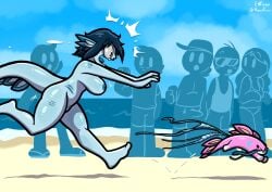 1girls ambiguous_gender animal_humanoid anthro areola ass beach bikini breasts clothing clothing_theft electronics erection erection_under_clothing eyewear female fin fish fish_humanoid group hi_res humanoid male marine marine_humanoid nipples nude open_mouth outside patchworkbeanie phone public public_nudity running sand scales sharp_teeth shirt side_view stealing sunglasses swimwear tagme tail tank_top teeth theenfman tongue topwear two-piece_swimsuit vtuber