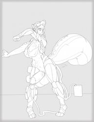 annoyed anthro big_breasts breasts dickgirl huge_breasts huge_cock human intersex machine mammal milking_machine monochrome open_mouth proxer skunk solo standing suit_transformation transformation