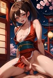 ai_generated anal anal_sex bare_chested brown_hair erect_penis exposed_penis faceless_male fatal_fury femboy genderswap_(ftm) hakama legs_spread mai_shiranui male penis precum_drip riding_penis sissydavid smile snk