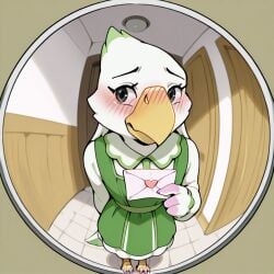 ai_generated animal_crossing celia_(animal_crossing) love_letter nervous peephole visitor
