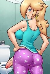 ai_generated balls bathroom big_breasts breasts clothed curvy_figure erection futanari hair_over_one_eye horny intersex looking_at_viewer mario_(series) nintendo pajama_pants pajama_shirt pajamas penis penis_out princess_rosalina solo standing tank_top testicles toilet wide_hips