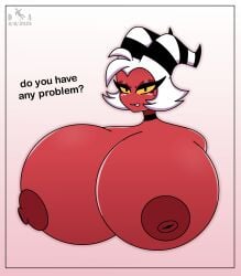 2025 big_breasts breasts breasts_bigger_than_head demon demon_girl dropedartist enormous_breasts female female_moxxie female_only helluva_boss horn horns huge_breasts looking_at_viewer moxxie_(helluva_boss) rule_63 self_upload text upset
