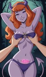 ai_generated ass bigmic145 bikini breast_grab breasts cartoon_network cleavage colored_skin daphne_blake daphne_blake_(mystery_incorporated) demon demon_girl demon_horns demon_tail demon_wings femal female o-ring o-ring_bikini pubic_tattoo purple_skin red_hair scooby-doo scooby-doo!_mystery_incorporated seductive succubus succubus_horns succubus_tail succubus_wings tattoo tease teasing underboob
