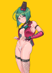 4423 bare_shoulders breasts cleavage female female female_only female_solo green_hair high_resolution kiratto_pri_chan large_filesize looking_at_viewer midorikawa_sara no_bra pantsu pulling_panties solo standing underwear white_panties white_underwear yellow_background