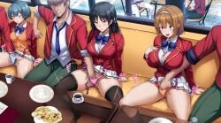 4boys 4girls advanced_nurturing_high_school_uniform black_hair black_thighhighs blazer blue_bow blue_bowtie blue_hair booth_seating bow bowtie braid breasts brown_hair brown_panties collared_shirt commentary_request daiaru female female_ejaculation garter_straps green_pants hairband hand_in_another's_panties hand_in_panties horikita_suzune ibuki_mio jacket kushida_kikyou large_breasts long_hair long_sleeves male multiple_boys multiple_girls panties pants pink_panties pleated_skirt public_indecency purple_eyes pussy pussy_juice red_eyes red_jacket remote_control_vibrator ribbon sakayanagi_arisu school_uniform sex_toy shirt short_hair single_braid skirt smile stealth_fingering straight striped_clothes striped_panties thighhighs underwear vibrator vibrator_under_clothes vibrator_under_panties white_garter_straps white_panties white_shirt white_skirt white_thighhighs youkoso_jitsuryoku_shijou_shugi_no_kyoushitsu_e