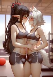 ai_generated black_hair bulge_through_clothing caressing erophoenix filian_(vtuber) futanari futanarigreen_eyes gym gym_clothes gym_shorts layna_lazar purple_eyes size_difference white_hair