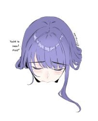 2girls blending blush closed_eyes commentary cunnilingus english_text female_pov foxxy_888 genshin_impact hashtag-only_commentary highres long_hair mole mole_under_eye multiple_girls oral pov purple_hair pussy raiden_shogun solo_focus symbol-only_commentary twitter_username yae_miko yuri