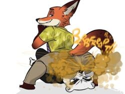 2boys 2d 2d_artwork ass ass bedroom_eyes big_ass big_butt brown_fart brown_fart_cloud clothes clothing facefarting facesitting fart fart_cloud fart_fetish farting farting_on_another farting_on_face fox fully_clothed furry furry_only hawaiian_shirt looking_down male male_fart male_on_male male_only nick_wilde nohuman odka onomatopoeia pants questionable_consent smile smirk smirking_at_another spread_legs suit tail tie ursid zootopia