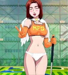 angel_wings ass belly bikini bottomless breasts brown_hair buttons closed_eyes collar crop_top day dress_shirt elbow_gloves female gloves highres initial_d lips lipstick looking_at_viewer makeup medium_breasts mf_ghost navel open_clothes open_mouth open_shirt outdoors panties plaid_clothes plaid_shirt pocket race_queen red_lips shirt short_hair smile solo standing swept_bangs swimsuit uehara_mika underwear white_panties wings