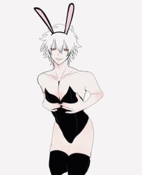 alternate_costume black_legwear black_thighhighs bunny_day bunny_ears bunnysuit crossdressing gintama gintoki_sakata itoo_denwa kneeling looking_at_viewer male male_only male_playboy_bunny pale-skinned_male pale_skin pectoral_cleavage red_eyes solo thighhighs twink white_hair