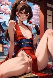 ai_generated bare_chested brown_hair bulge_through_clothing bulge_under_clothes fatal_fury femboy genderswap_(ftm) hakama lollipop mai_shiranui male sissydavid smile snk trap