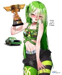 1girls absurd_res absurd_resolution absurdres belly blush brown_eyes car cars_(film) chick_hicks color colored disney english_text female female_only green_bra green_hair hair_ornament happy high_res high_resolution highres holding_object holding_trophy humanized miniskirt mole mole_on_shoulder nipple_bulge nisp_art open_mouth original petite petite_body petite_female pixar simple_background skinny skinny_female smile sports_bra stomach stripes sweating sweaty text tights trophy tummy
