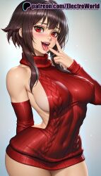 1girls 2025 ai_generated artist_name bare_shoulders breasts brown_hair bust chest dress electroworld female gradient gradient_background hi_res high_quality high_resolution highres kono_subarashii_sekai_ni_shukufuku_wo! megumin meme_attire open_mouth patreon patreon_username red_eyes ribbed_sweater sideboob solo stable_diffusion sweater tongue tongue_out virgin_killer_sweater watermark