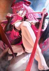 azur_lane black_choker black_horns black_thighhighs blue_hair blush breasts brown_thighhighs cg choker cleavage collared_shirt couch curled_horns female garter_straps hair_over_one_eye horns indoors large_breasts long_hair long_sleeves looking_at_viewer mechanical_horns mecklenburg_(azur_lane) naked_shirt navel official_alternate_costume on_couch one_eye_covered open_shirt parted_lips purple_eyes purple_hair shirt sitting solo thighhighs thighs very_long_hair wariza white_shirt