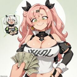 (titancore) ai_generated anby_demara big_breasts breasts female girlfriend girls happy long_hair money nicole_demara pink_hair proud ribbon_in_hair twintails video_game_character white_hair zenless_zone_zero