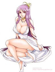 1girls athena_(saint_seiya) breasts dress female female_only goddess high_heels long_dress long_hair miryuku nipple_bulge purple_hair saint_seiya saori_kido shounen_jump solo tagme