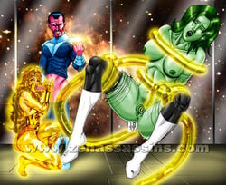 1boy 2d 2girls amazon areolae big_breasts blowjob blue_hair bondage breasts closed_eyes color colored dark_hair dc_comics detailed_background fellatio ffm_threesome green-skinned_female green_hair green_lantern_(series) green_skin humanoid indoors interspecies jade_(dc) justice_league large_breasts long_hair midriff navel nipples open_mouth oral oral_sex penis pink_skin pointy_ears pussy sex sinestro sinestro_corps smile stomach tentacle threesome tiara torn_clothes uncensored vagina watermark wonder_woman wonder_woman_(series) yellow_lantern