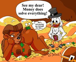 anthro bear bird breasts brown_fur chest dialog disney duck ducktales english_text female fur furry furry_breasts furry_ears interspecies male mammal money nipples nude rebecca_cunningham round_ears scrooge_mcduck speech_bubble standing tagme talespin text thought_bubble