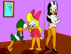 2girls age_difference black_hair blonde_hair crossover disney duck ducktales female female_only heels loon magica_de_spell multiple_girls nipples nude plucky_duck pouncer shirley_the_loon soft_feathers tiny_toon_adventures warner_brothers