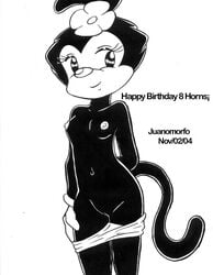 2004 animaniacs anthro black_fur breasts clothes dot_warner female female_only flower front_view fur furry juanomorfo monochrome nipples panties solo standing tagme topless vulva white_fur