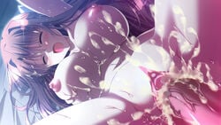 areolae blush breasts brown_hair clitoris closed_eyes cum cum_in_pussy cum_on_breasts cum_on_hair female game_cg large_breasts long_hair male natsuzora_no_perseus navel night nipples nude open_mouth penis sawatari_tohka sex shouna_mitsuishi straight sweat uncensored vaginal_penetration yuzuna_hiyo