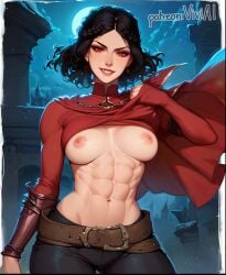 abs ai_generated black_hair elder_scrolls looking_at_viewer medium_breasts red_eyes serana short_hair skyrim smirk tagme vampire vampire_girl viviai