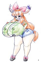 areolae areolae_bulge big_breasts bow breasts breasts_bigger_than_head fair_skin growing growth hair_accessory hair_ornament holding_breast horn horn_bow horns huge_breasts long_hair nipple_bulge nipples shorts smirk smirking suika_ibuki thatartistann thick thick_thighs touhou wide_hips