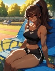 1girls abs ai_generated bangs brown_eyes brown_hair brown_skinned_female dark-skinned_female dolphin_shorts eyebrows eyelashes fit fit_female hair_between_eyes high_ponytail medium_breasts ponytail sally_(xandr) smile smiley_face tank_top thick_ass thick_thighs thin thin_female thin_waist xandr