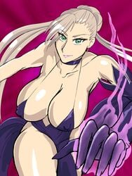 1girls big_breasts breasts cleavage darm_engine dress earrings female huge_breasts large_breasts lipstick nightmare_(unholy_night) platinum_blonde_hair solo unholy_night