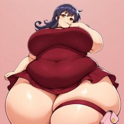 ai_generated bedroom_eyes belly_overhang bicep_strap big_belly big_breasts card_deck chubby_face double_chin duel_masters flabby_arms flabby_legs heart light_brown_eyes obese obese_female obese_human overweight overweight_female overweight_human purple_hair red_boots red_bracelet red_dress seductive tasogare_mimi thick_thighs thigh_pouch thigh_strap upward_angle wide_hips