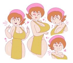 1girls apron apron_only big_breasts breasts brown_hair cjdraws_3 cleavage close-up cooking_mama eyeshadow female female_only hair half-closed_eyes headwear heart heart hips huge_breasts mama_(cooking_mama) mature mature_female mature_woman milf mother multiple_views naked_apron one_eye_closed smile solo solo_female thighs tongue tongue_out wide_hips wink winking yellow_apron