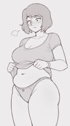 1girls 2d 2d_(artwork) big_breasts chubby chubby_female curvy dross exhaling female female_only lifting_shirt looking_down milf mole mole_under_eye mom_bod ms_james_(dross) no_pants not_looking_at_the_viewer original panties pout pouting pudge sigh sighing slightly_chubby slightly_chubby_female solo thick_thighs thighs